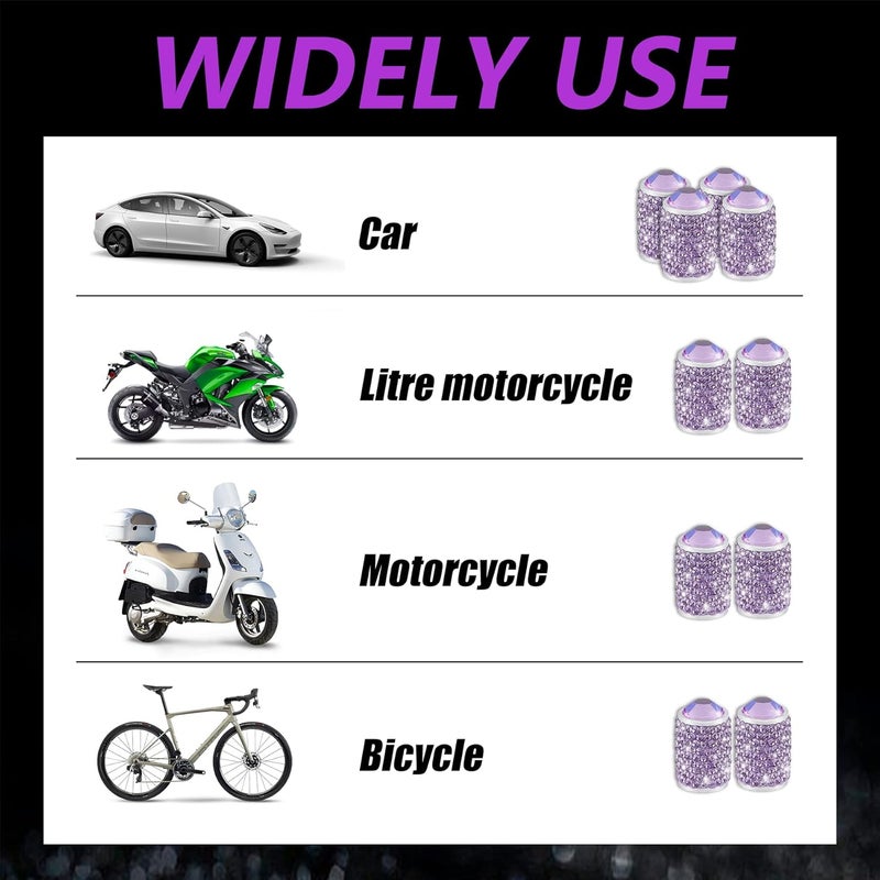 alpmosn Car Wheel Tire Valve Caps, 4 PCS Bling Tire Valve Caps, Crystal Tire Caps Shinny Rhinestone for Women, Universal Car Dustproof Tire Valve Caps for Cars, Trucks, SUV and Motorcycles (Purple) - Image 4